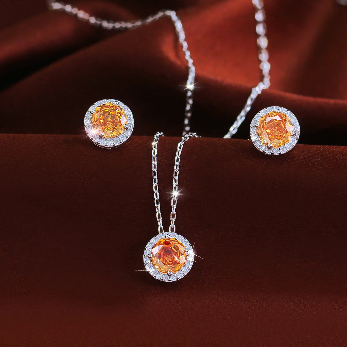 Luxurious S925 Silver Champagne Rose Flower Cut Cubic Zircon Round Design Necklace and Earring Jewelry Set for Girls Party Gifts