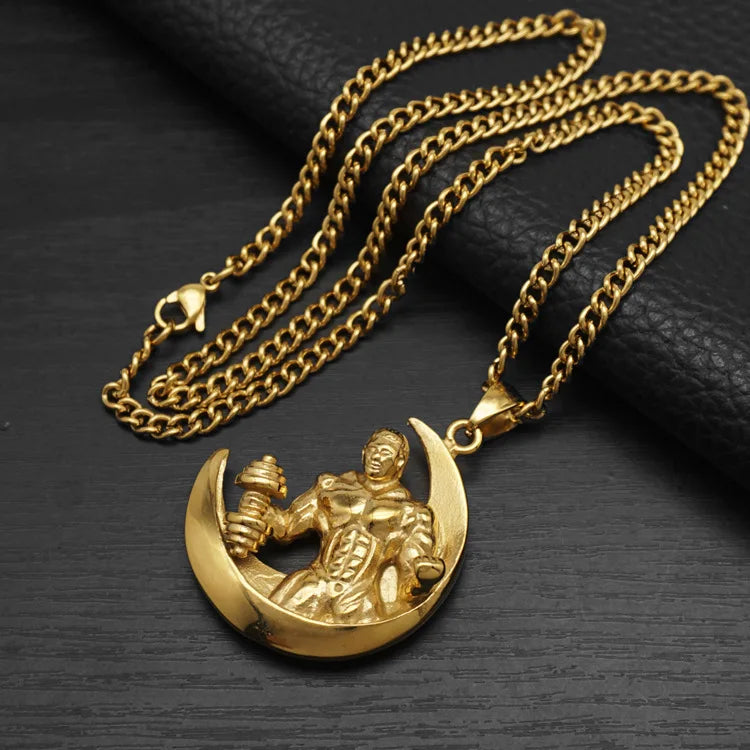 Hip Hop Moon Muscle Male Dumbbell Waterproof Stainless Steel Fashion Pendant Necklaces 18K Gold Plated for Male Man Mens