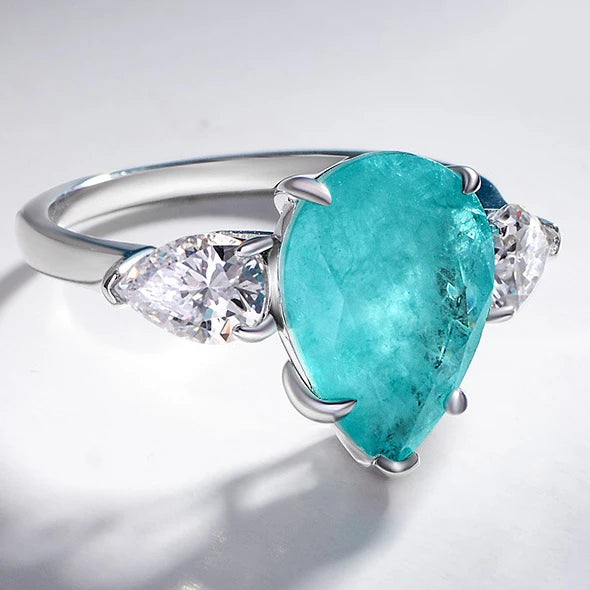 MUSHAN 925 Sterling Silver Luxury Pave Setting CMA Certified Waterdrop Zircon Wedding Party Rings Synthetic Paraiba 6ct Blue