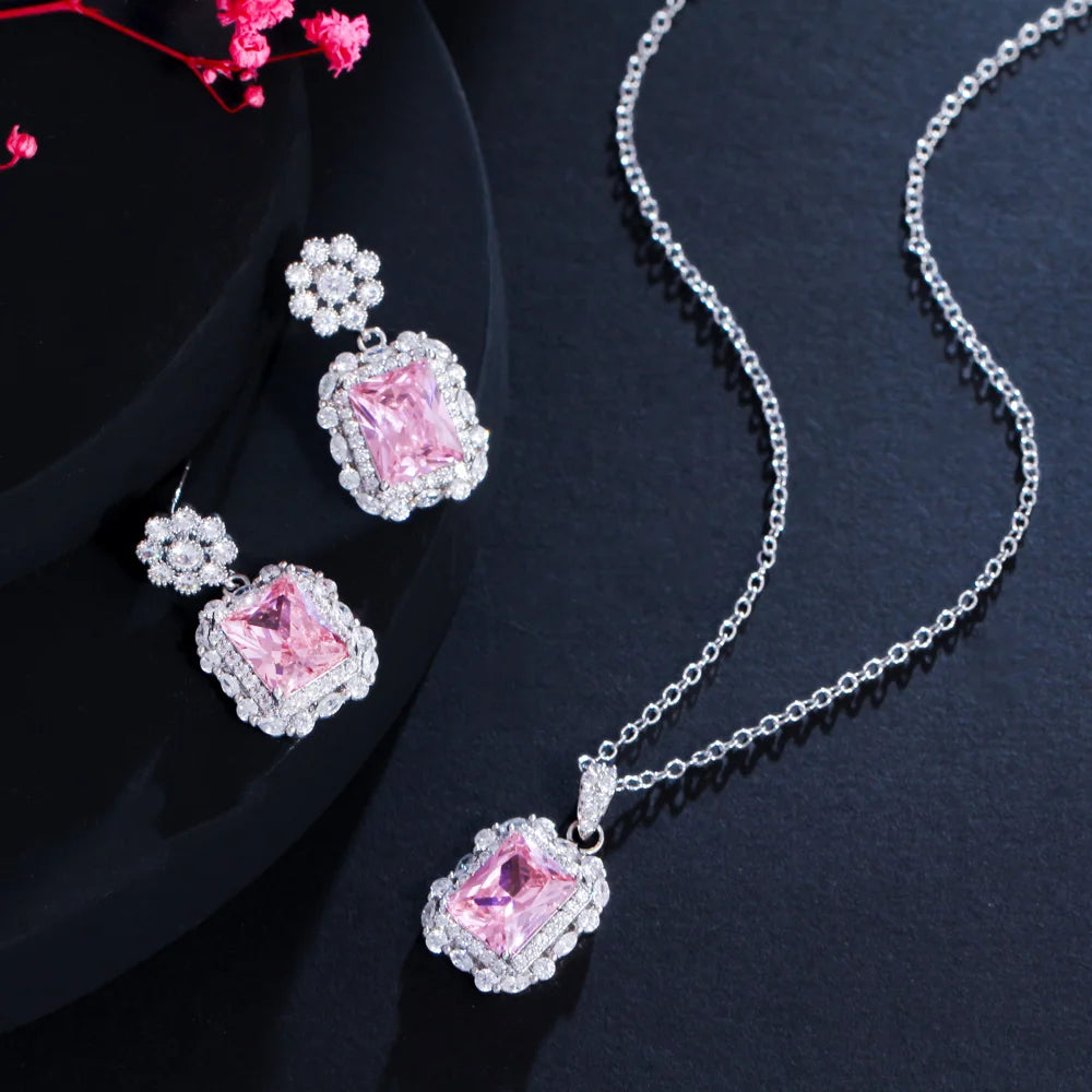 S&S Flower & Square CZ Necklace & Earrings Set – Yellow, Green & Pink – Collection