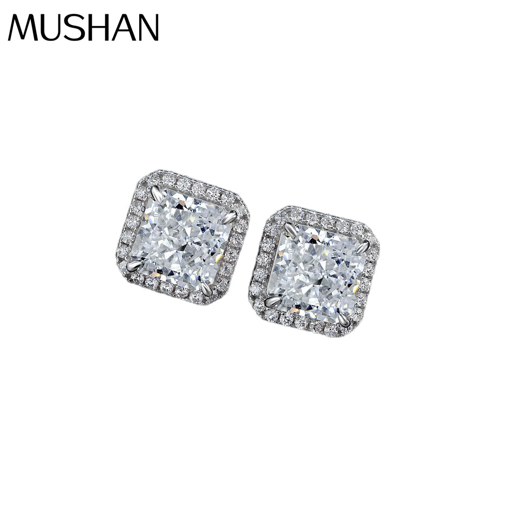 MUSHAN Jewelry Factory New 925 Silver 2 Carat High Carbon Diamond Earrings With High End Feel Ice Flower Cut White Square 7*7