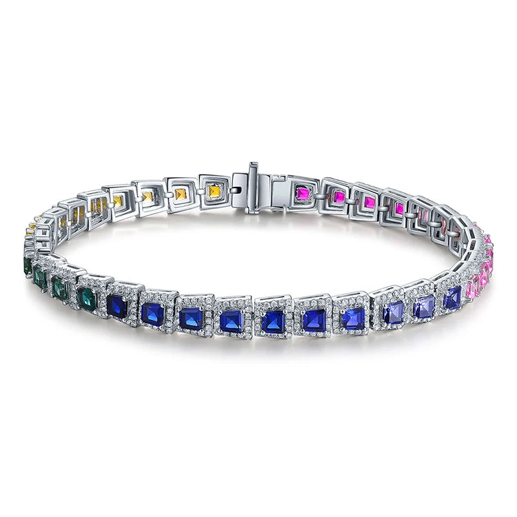 Gemfiori ANSTER Tennis Bracelet Women's 925 Sterling Silver Handmade Iridescent Color Rhodium Plated Jewelry for Parties and Gifts