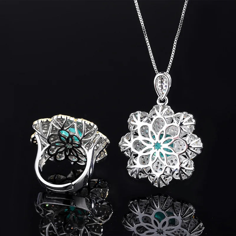 Gemfiori Blooming Flowers Inlaid with Rich Green Zircon Ring Pendant Clavicle Chain Set Star Charm Pattern Jewelry