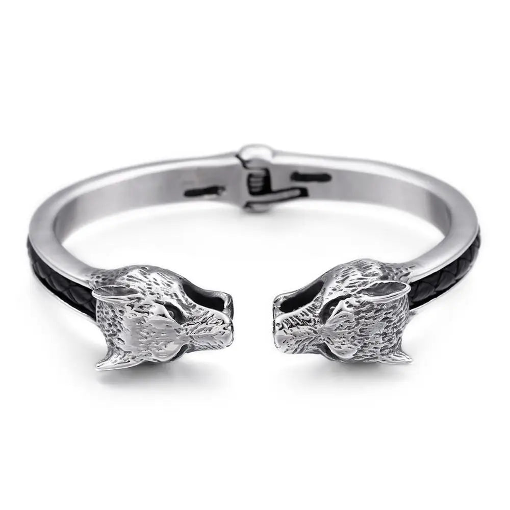 VIKING Mens Punk Wolf Leather & Stainless Steel Bangle – Silver