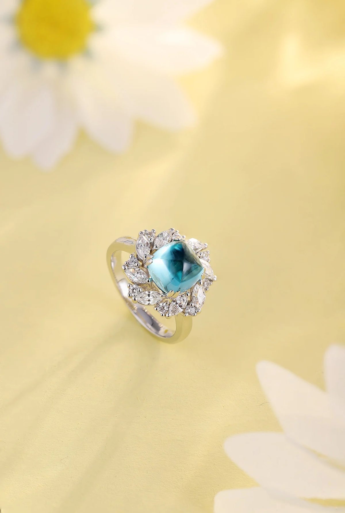 Gemfiori Anster 925silver Sugar Loaf Cutting Lab Grown Paraiba and Moissanite Ring for Women Customized Service Rings Acceptable