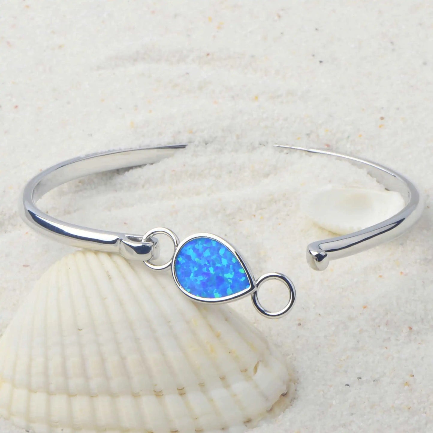 Dainty Teardrop Blue Opal Bangle - Minimalist Silver Bracelet for Daily Elegance