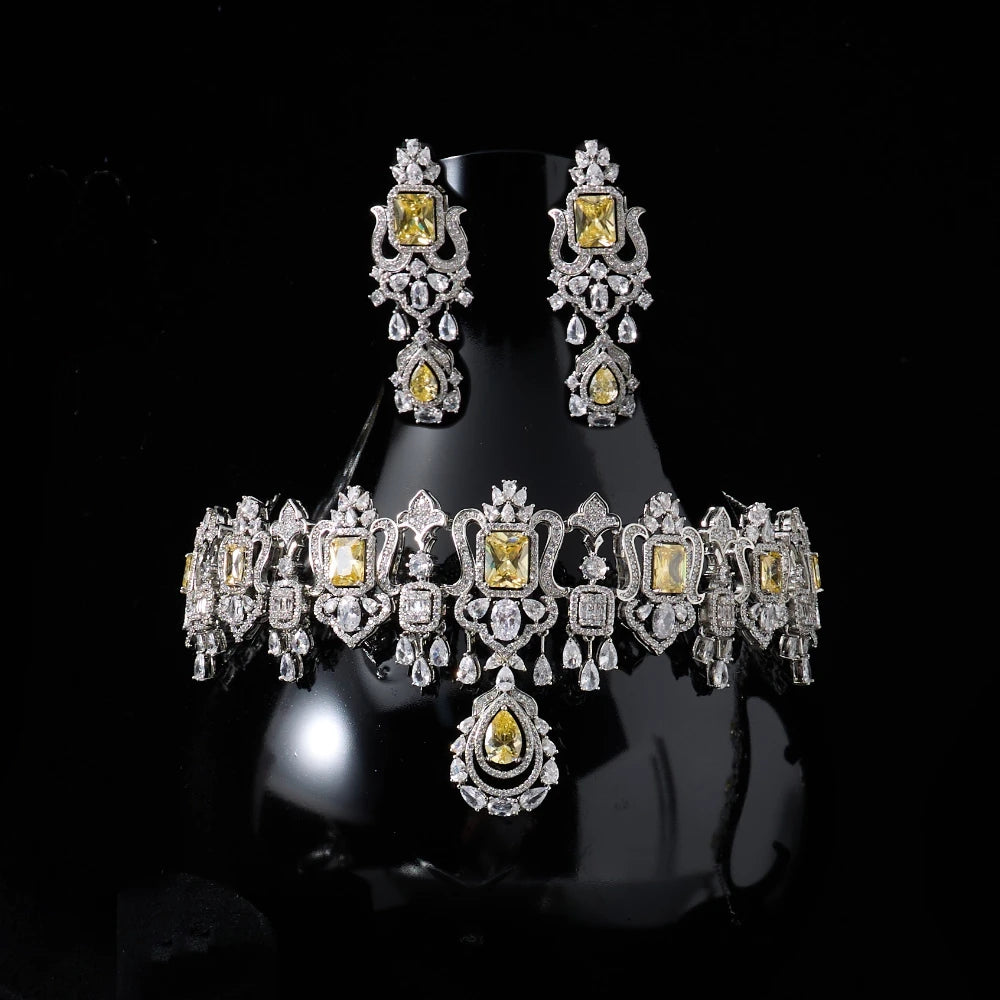018269 Luxury Color Bridal Choker Necklace with Earrings for Women Cubic Zircon Wedding Jewelry Sets Brides Accessories Indian