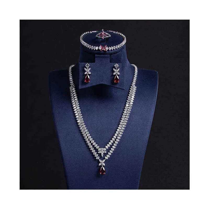 Luxury Pear-Cut Zirconia 4-Piece Dubai & Nigerian Geometric Bridal Set — Rhodium Plated