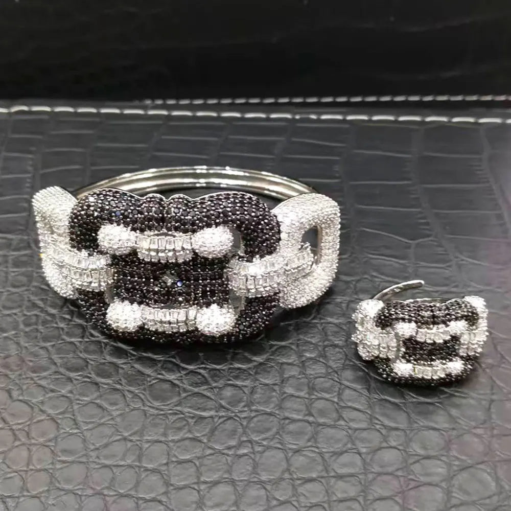 H262A Luxury 3 Rows 2PCS Zircon Bracelet Ring Earring Set Women Wedding Zircon African/Indian/Dubai Bridal Jewelry Set