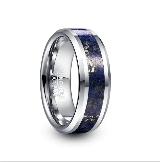 Wholesale 8mm Width Chamfer Polish Inlaid Lazurite Natural Stone Men's Tungsten Ring Jewelry