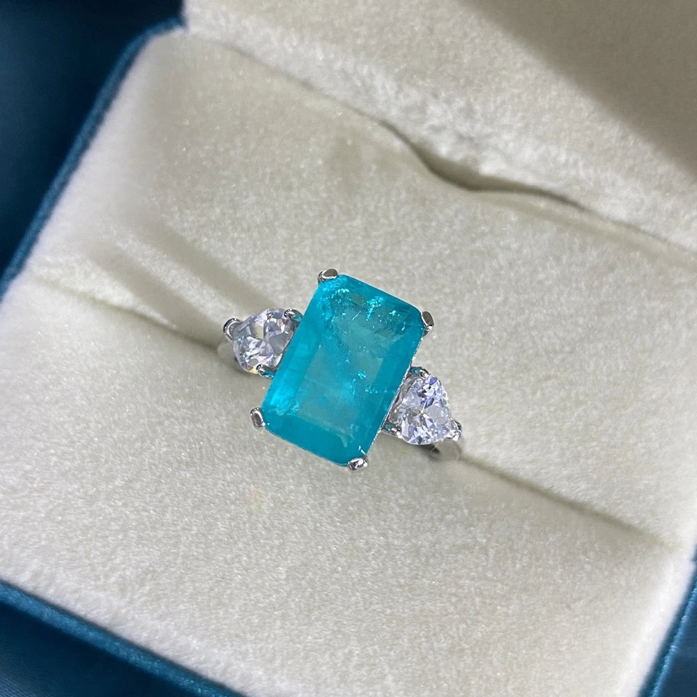 MuShan Jewelry Factory 925 Silver 5 Carat Synthetic Paraiba Rectangular 8*12 High Carbon Diamond Ring for Women