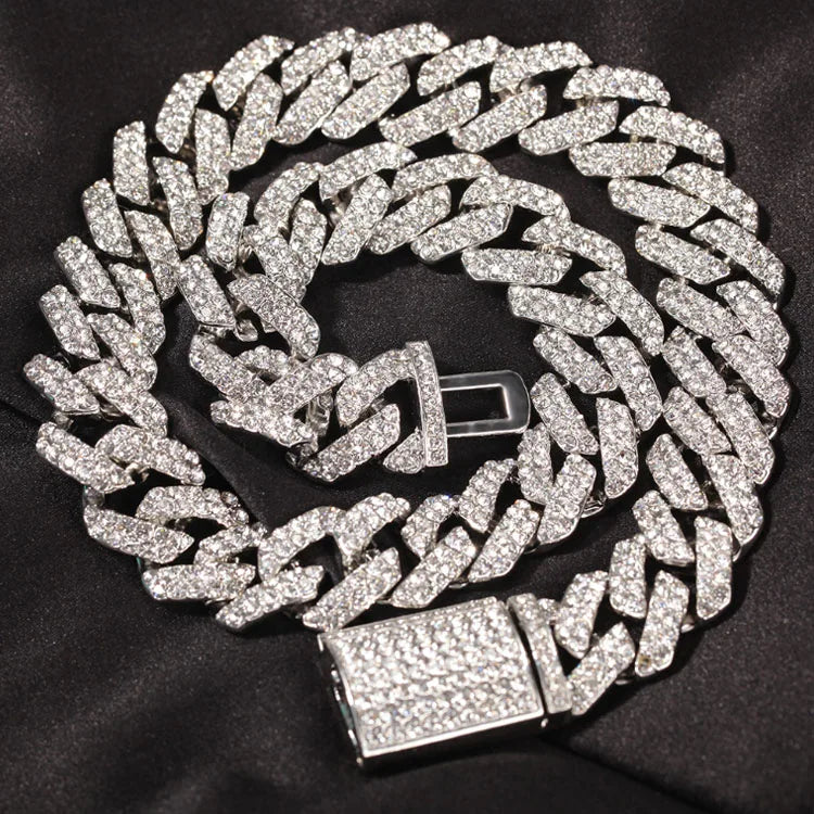 BiG-BOSS Austrian Rhinestone Quality Fashion Moon Iced Out 18mm Hip Hop Link Necklace Prong Cuban Link Chain Jewelry for Men with Clasp