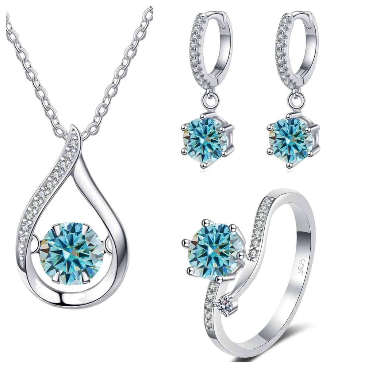 S&S 925 Silver 1CT VVS Moissanite Jewellery Set | Water Drop Necklace, Earrings & Ring | 20 Colours