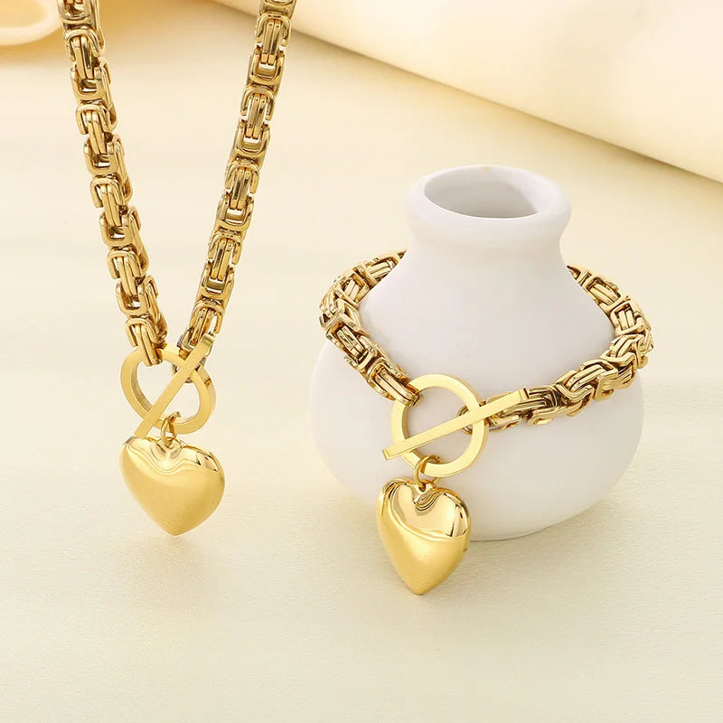 Kalen European and American Fashion Chain OT Buckle Chain Necklace Stainless Steel Smooth Heart Pendant Coarse Chain Set