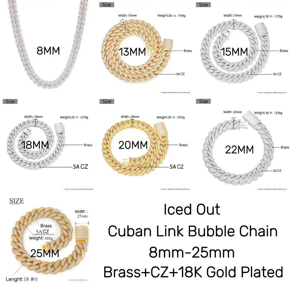 Joker Tide 5mm-18mm Bubble Cuban Chain Necklace for Men Personalized Hip-Hop Street Style Zircon Jewelry Sets Street Fashion