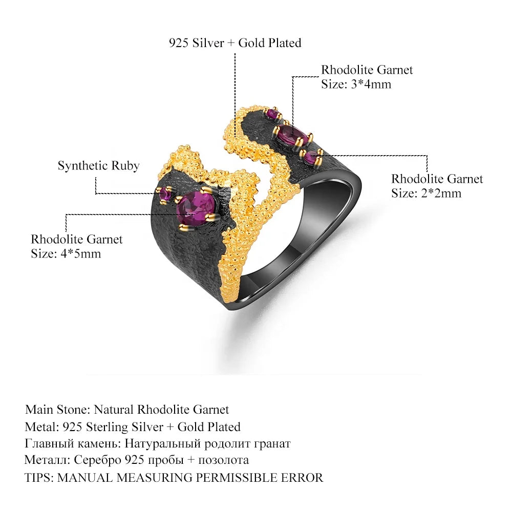 ArtistA C7928 Abiding Vintage Exclusive Design Black Gun Plated 925 Sterling Silver Red Garnet Gemstone Ring with 2 Tone Design