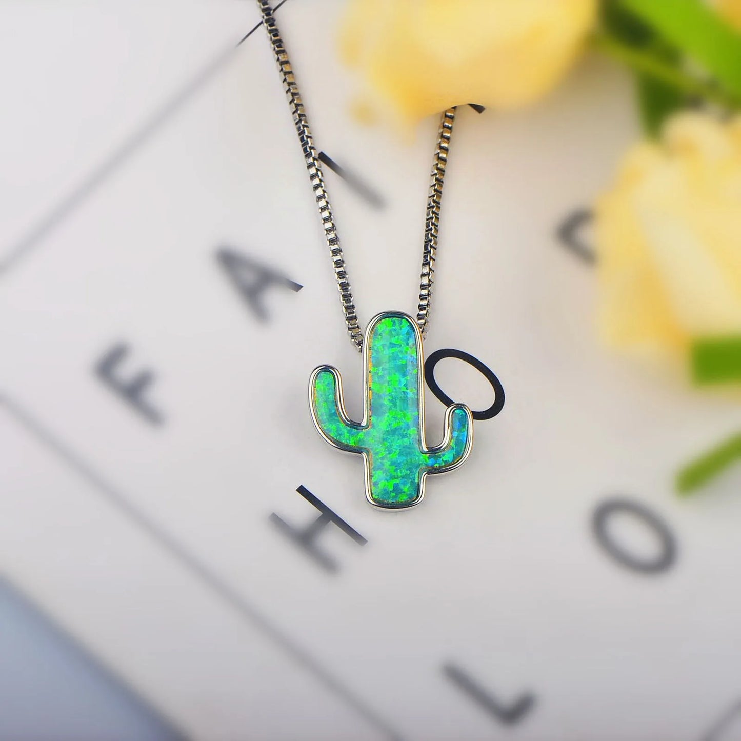 Vintage Aobao Silver Plated Box Chain Opal Inlaid Cactus Design Party Diamond Pendant Necklace