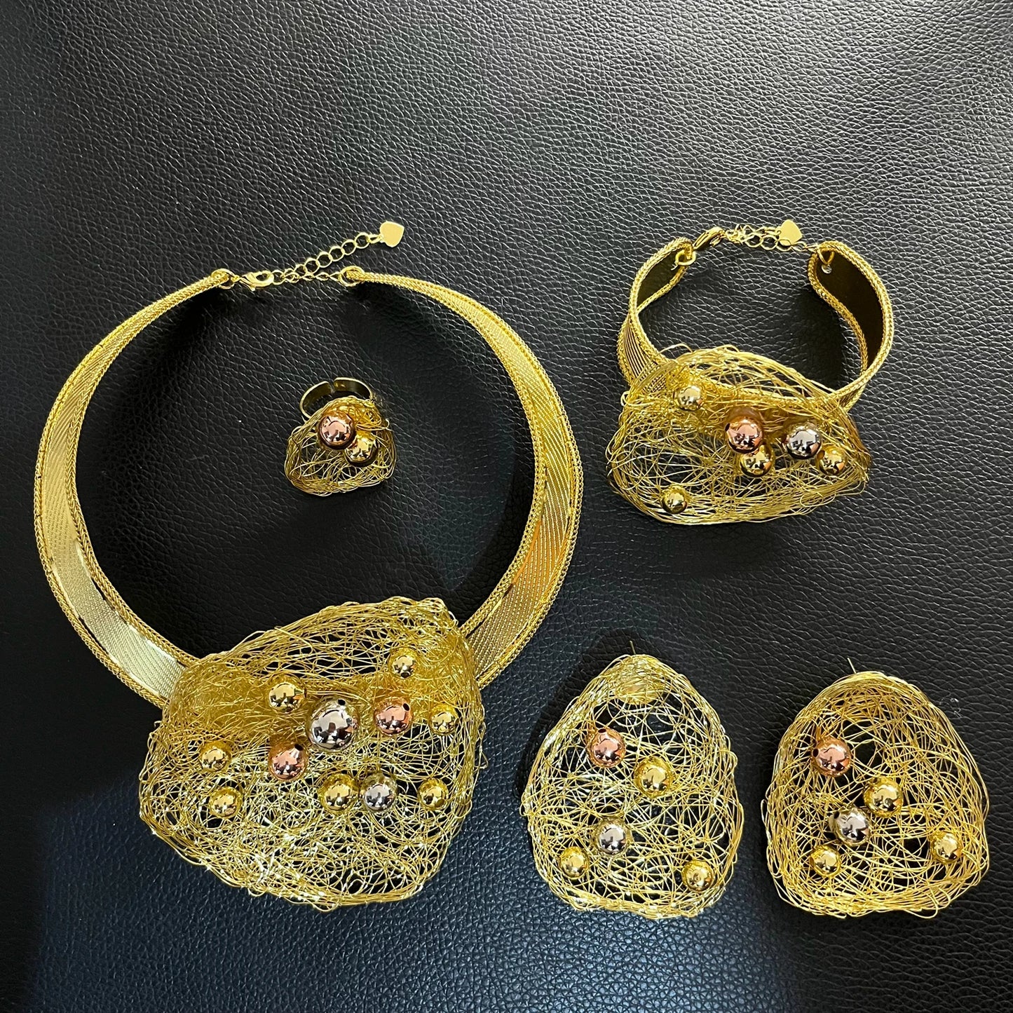 Brazilian Gold Handcrafted Jewelry Set Nigerian Italian Jewelry Sets Woman Wedding Necklace Bracelet Earrings Ring Charm Jewelry