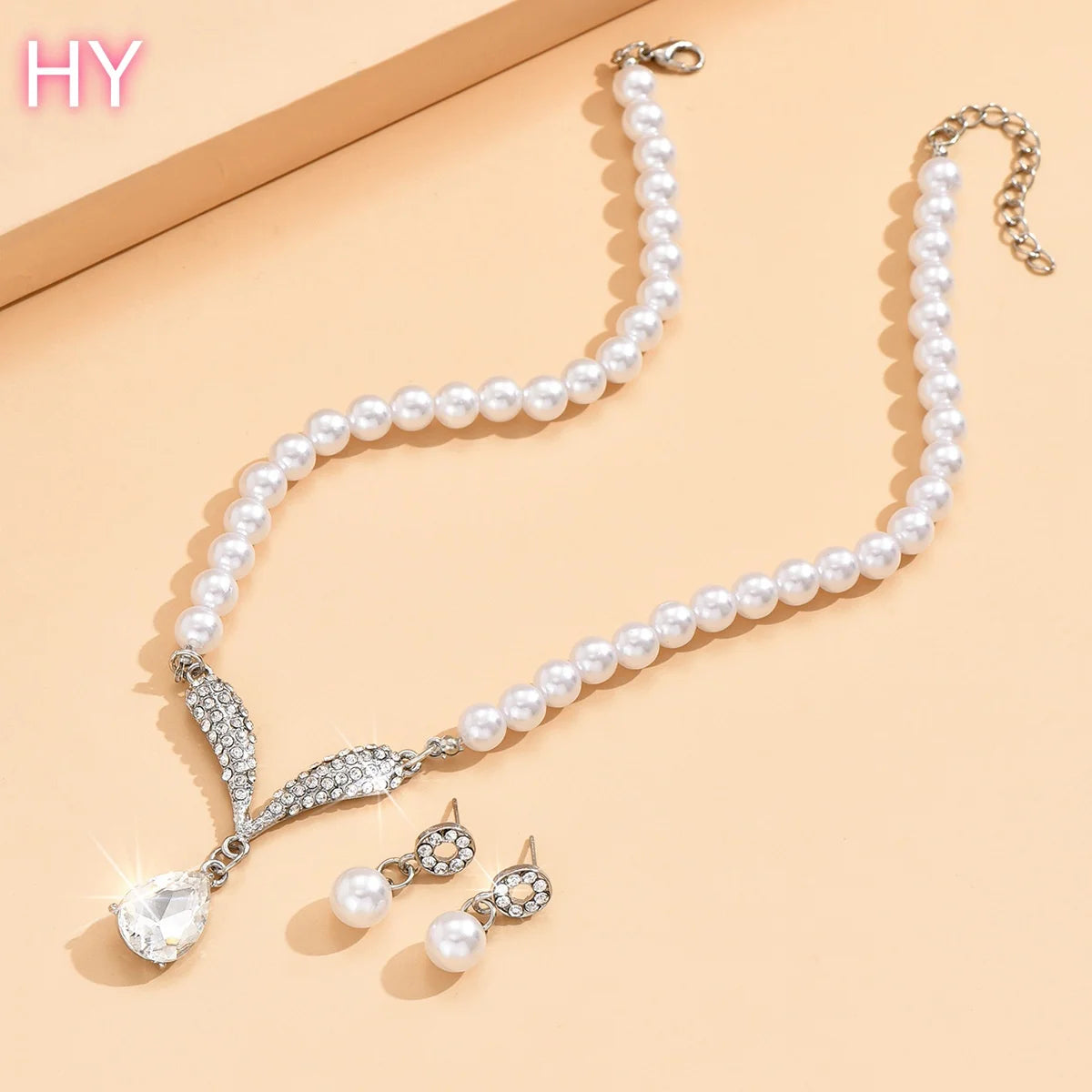 HY  Factory Wholesale Custom Korean Version Imitation Pearl Necklace Earrings] Bridal Accessory Temperament Two-piece Set