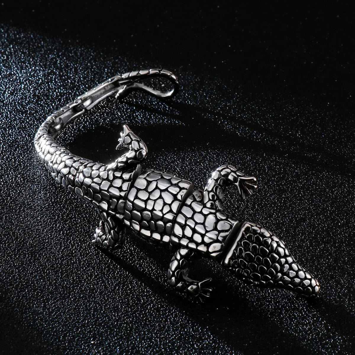 VIKING Mens Punk Crocodile Links Bracelet – Silver Stainless Steel