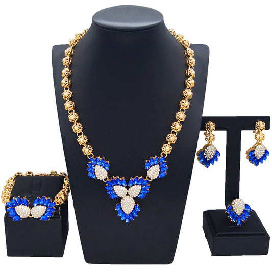 Zhuerrui Favors Bridal Gold Jewelry Sets Latest Blue Diamond Bead Necklace Jewelry Set High-end Woman Birthday Gifts HC23206