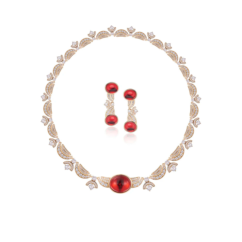 Brass Ruby Necklace Earring Rose Gold Set Anti Allergy High Quality Chain Gorgeous Women's Evening Dress Jewelry