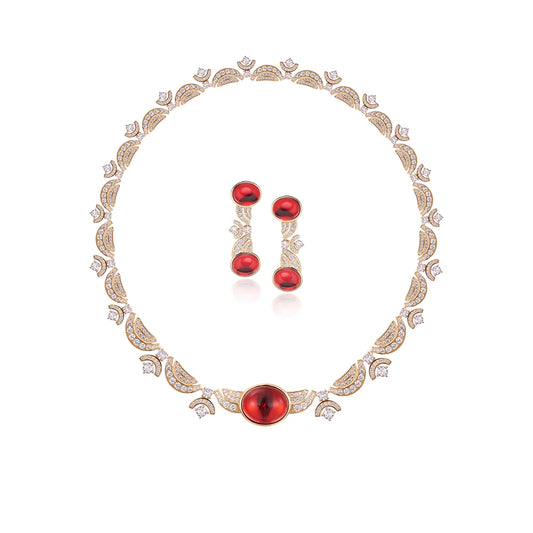 Brass Ruby Necklace Earring Rose Gold Set Anti Allergy High Quality Chain Gorgeous Women's Evening Dress Jewelry