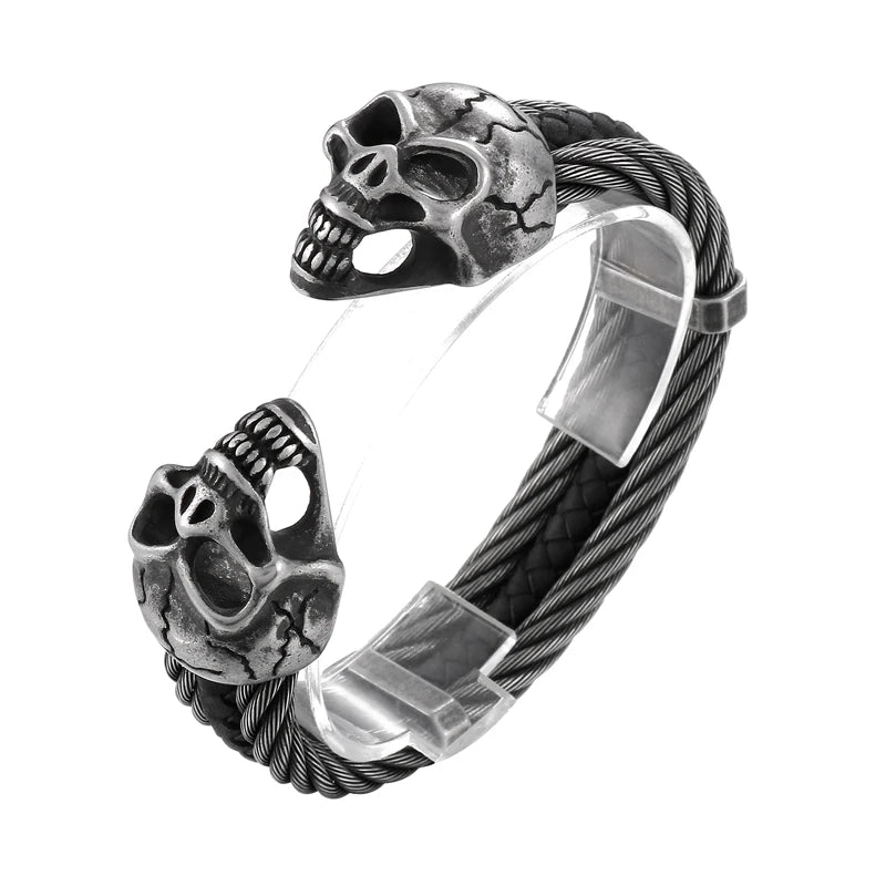 REBEL Punk Silver/Gold/Black/Grey Stainless Steel&Double Skin Skull Cuff Bangle Bracelet