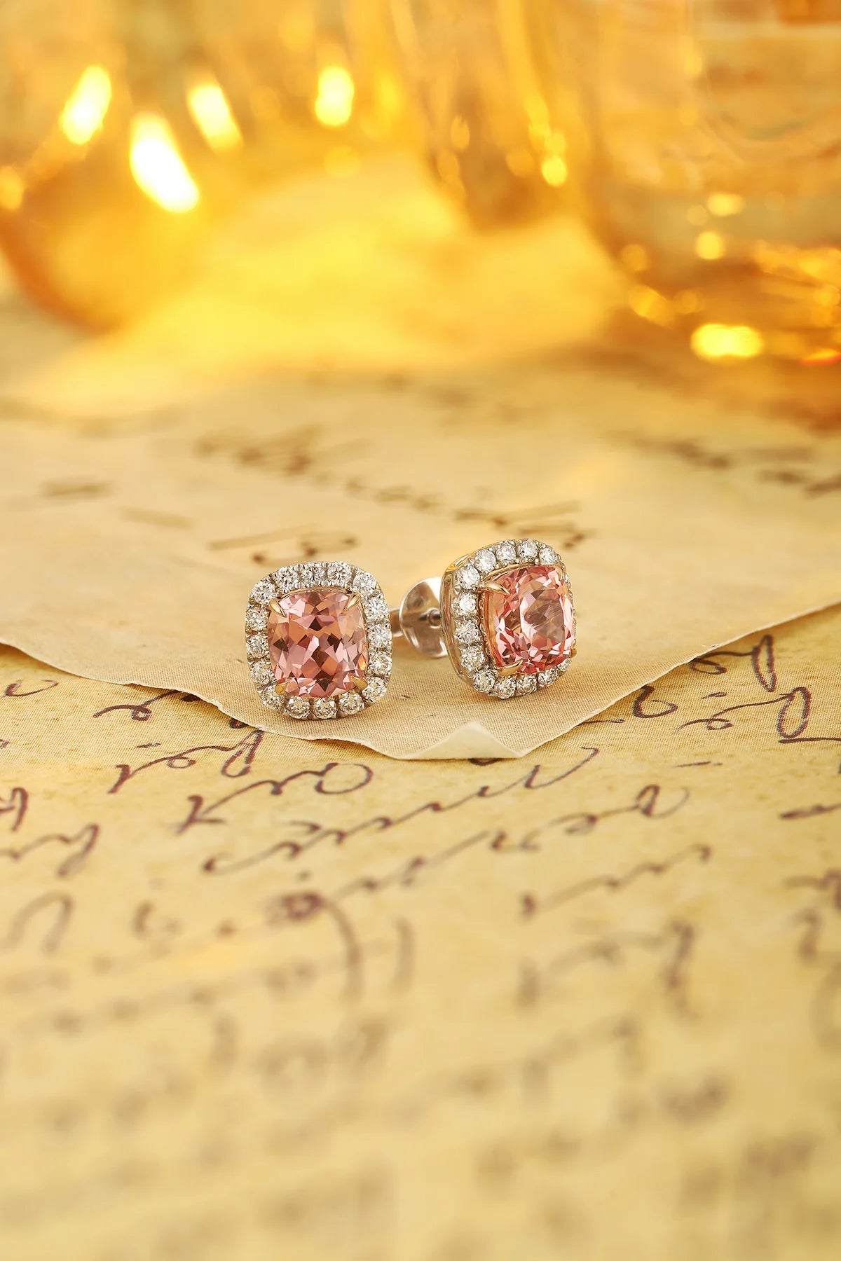 Gemfiori 18K Gold Lab Grown Padparadscha Stud Earrings Cushion Cut Brilliant Sparkle for Fashion Dinner Party