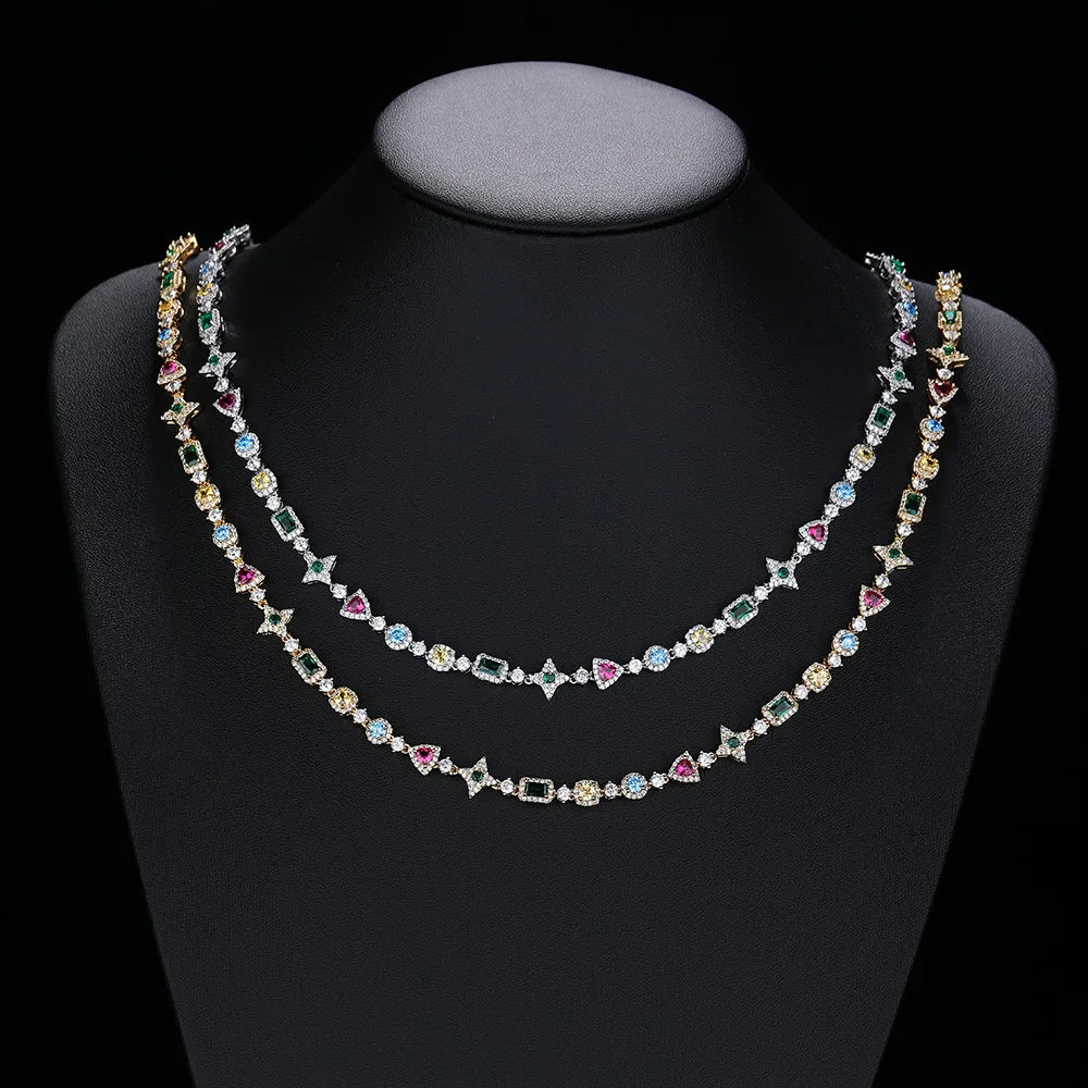 Luxury Geometric Zircon Tennis Necklace for Men and Women Colorful Gemstone Gold Plated Hip-Hop Necklaces