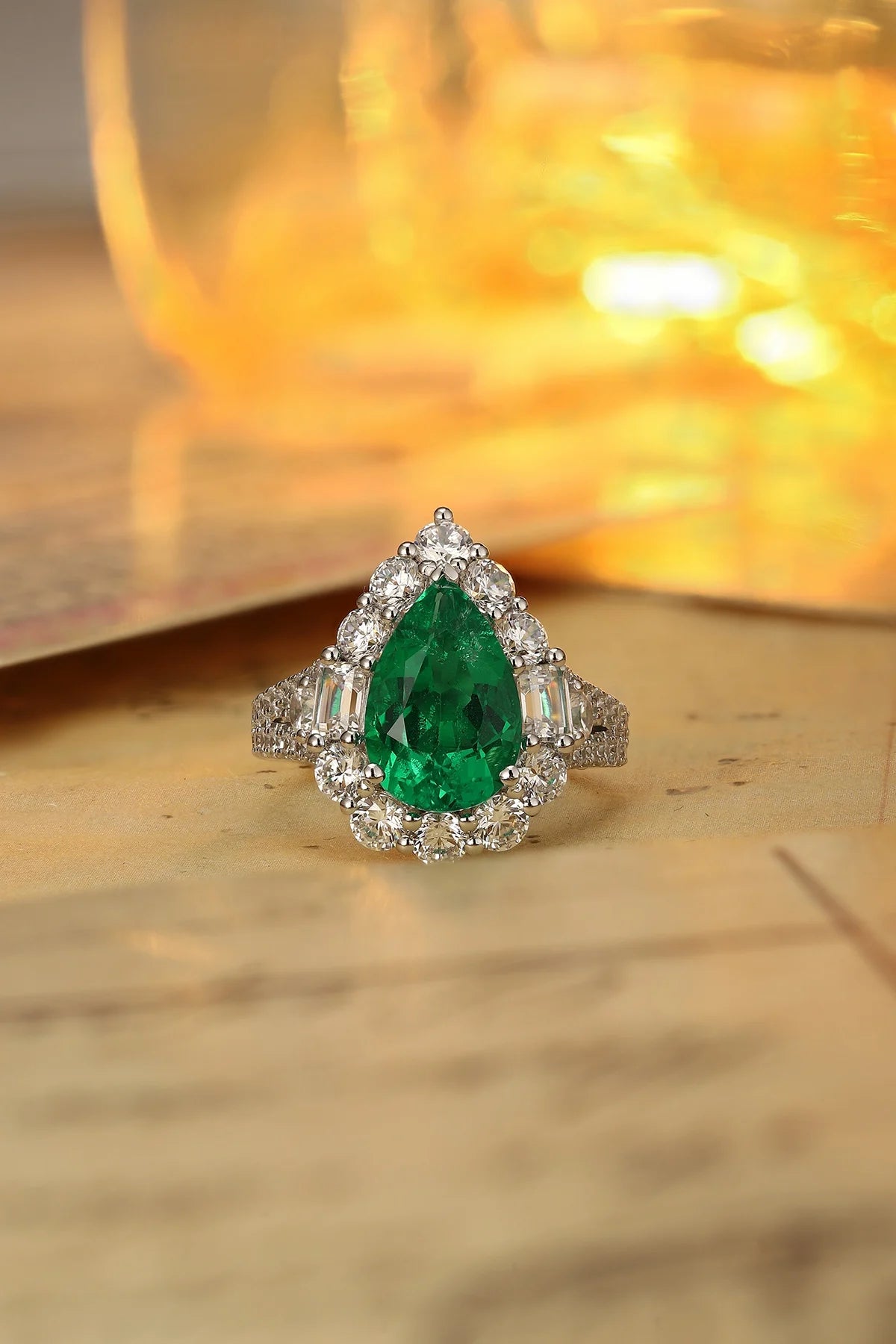 Gemfiori Custom Vintage Lab Grown Emerald Sterling Silver 925 Engagement Ring Rhodium Plated Pear Cut Prong Setting Wedding Ring