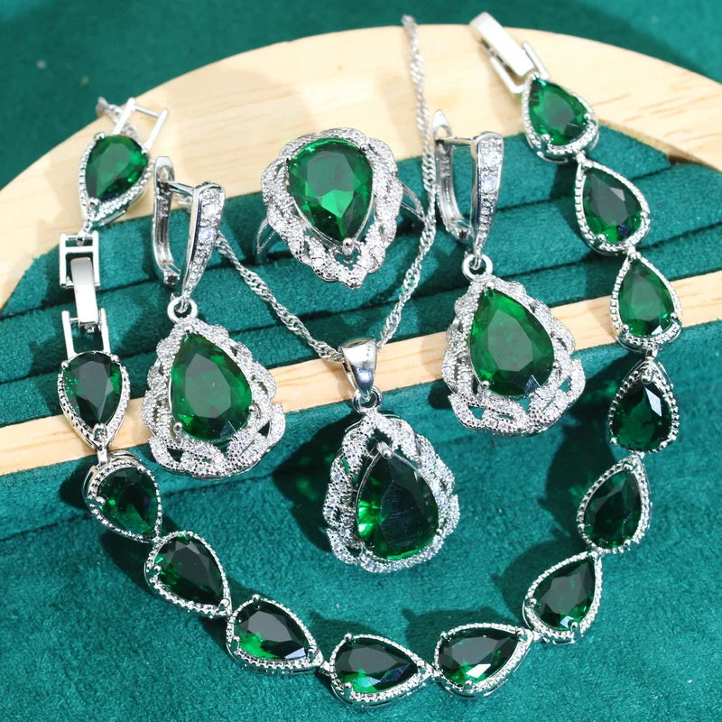 XOTICA Classics Green Zircon 925 Silver Jewelry Sets for Women Wedding Bracelet Earrings Necklace Pendant Ring Dating Gifts