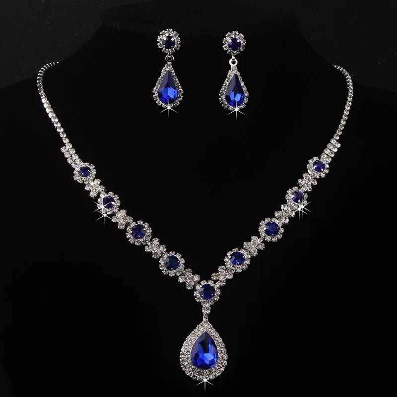 XM S376 Silver Plated Princess Cut Zircon Floral Teardrop Pendant Necklace & Drop Earrings Set