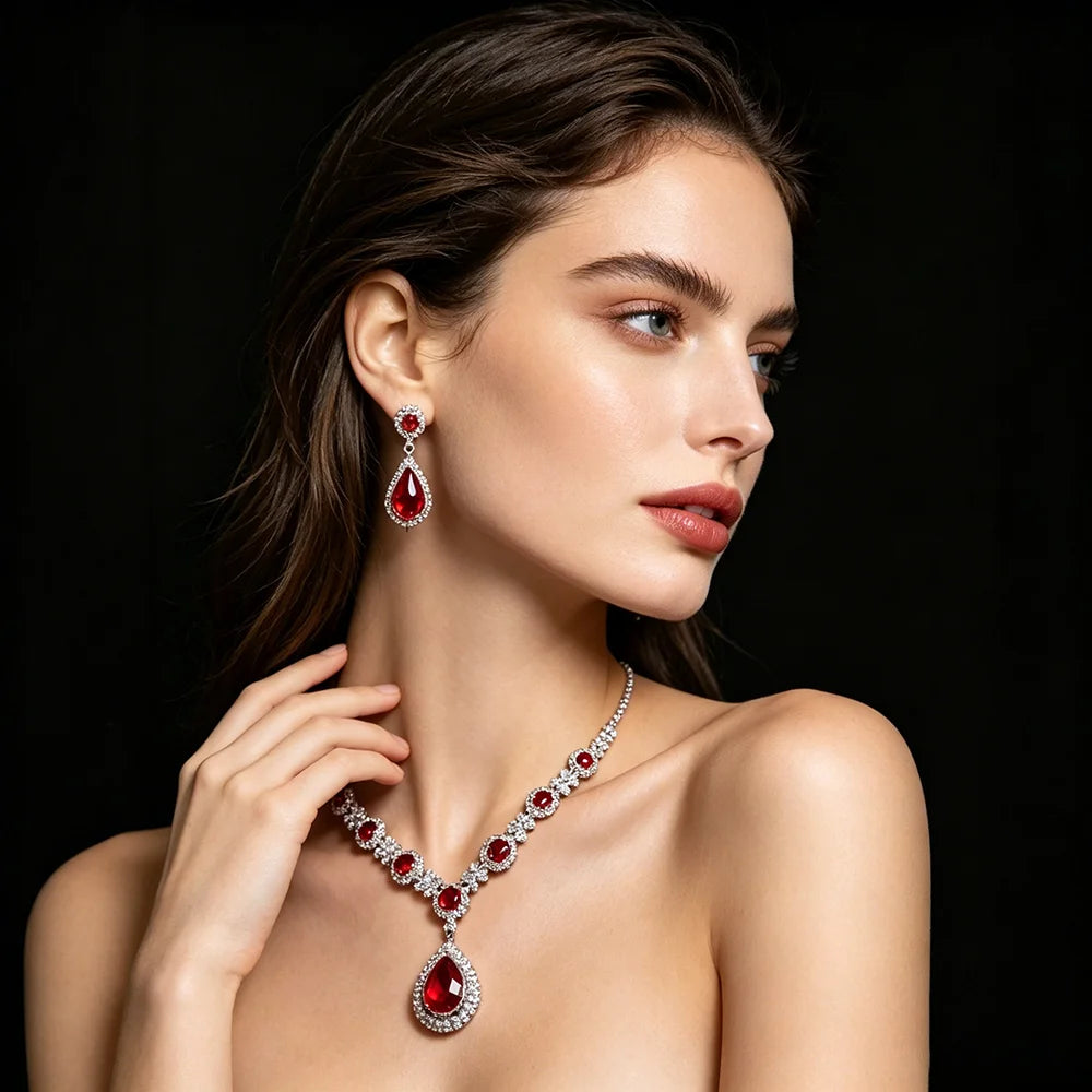 XM S376 Silver Plated Princess Cut Zircon Floral Teardrop Pendant Necklace & Drop Earrings Set