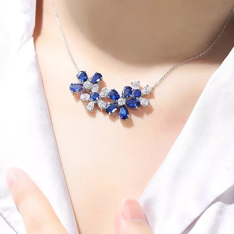 Gemfiori 925 Silver Jewelry Sterling Diamond Flowers Pendant Synthetic Sapphire Necklace for Her Birthday Gift Affordable Trendy