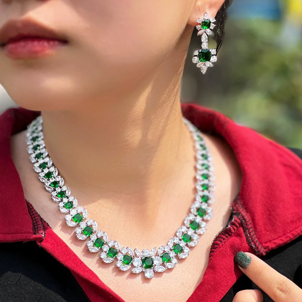 Luxurious Elegant Green Square Cubic Zirconia Big Women Wedding Event Costume Necklace Earrings Jewelry Sets for Brides