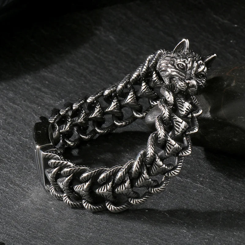 KALEN 22cm Punk Stainless Steel Bracelet Wolf Head Chain Men Bracelet