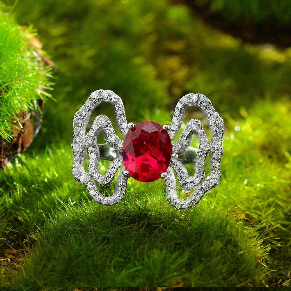 MuShan Jewelry Factory New 2ct Egg Shaped 8*10 Lab Grown Red Gem Ring for Women Auspicious Cloud