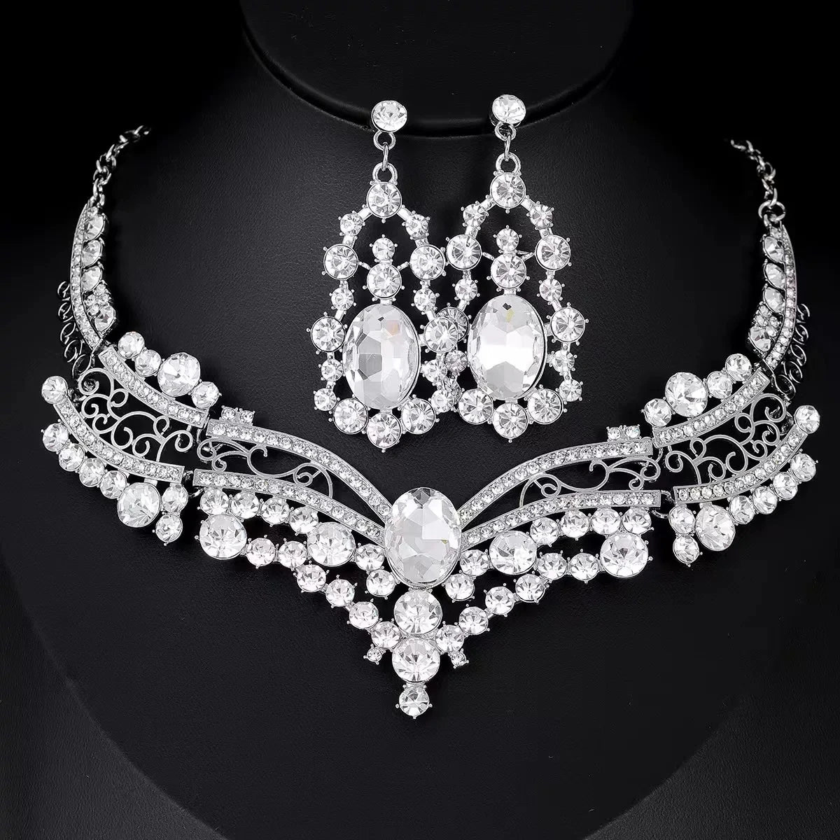 XM S370 Rose Gold Plated Princess Cut Zircon Floral Statement Necklace & Earrings Bridal Set