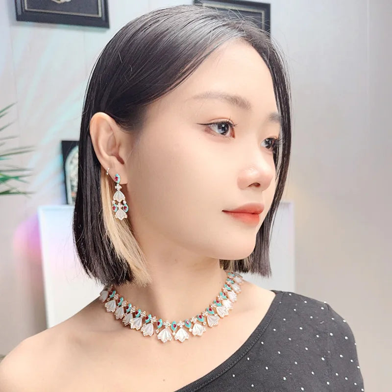 Dubai Luxury White Shell & Zirconia Choker Bridal Jewellery Set — Necklace, Earrings, Bracelet & Ring
