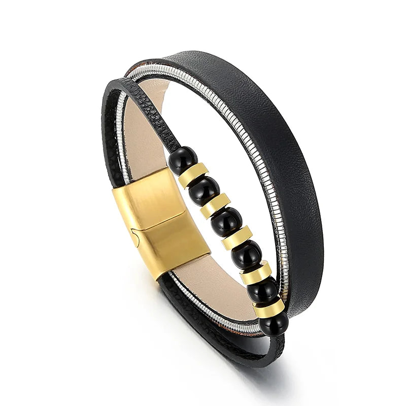 REBEL Mens Bracelets Stainless Steel Cowhide Fashion Jewelry Bead Bracelet Bangles