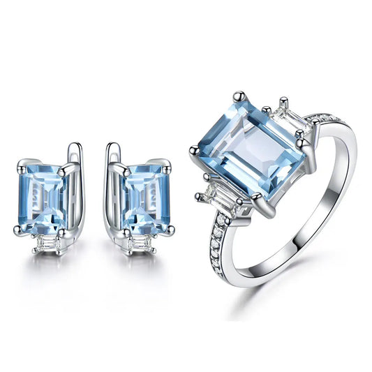 925 Sterling Silver Jewelry Sets for Women Gemstone Sky Blue Topaz Ring Clip Earrings Female Wedding Engagement Jewelry