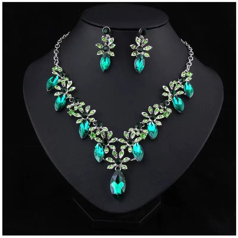 XM S383 Silver Plated Marquise Cut Zircon Floral Teardrop Necklace & Drop Earrings Set
