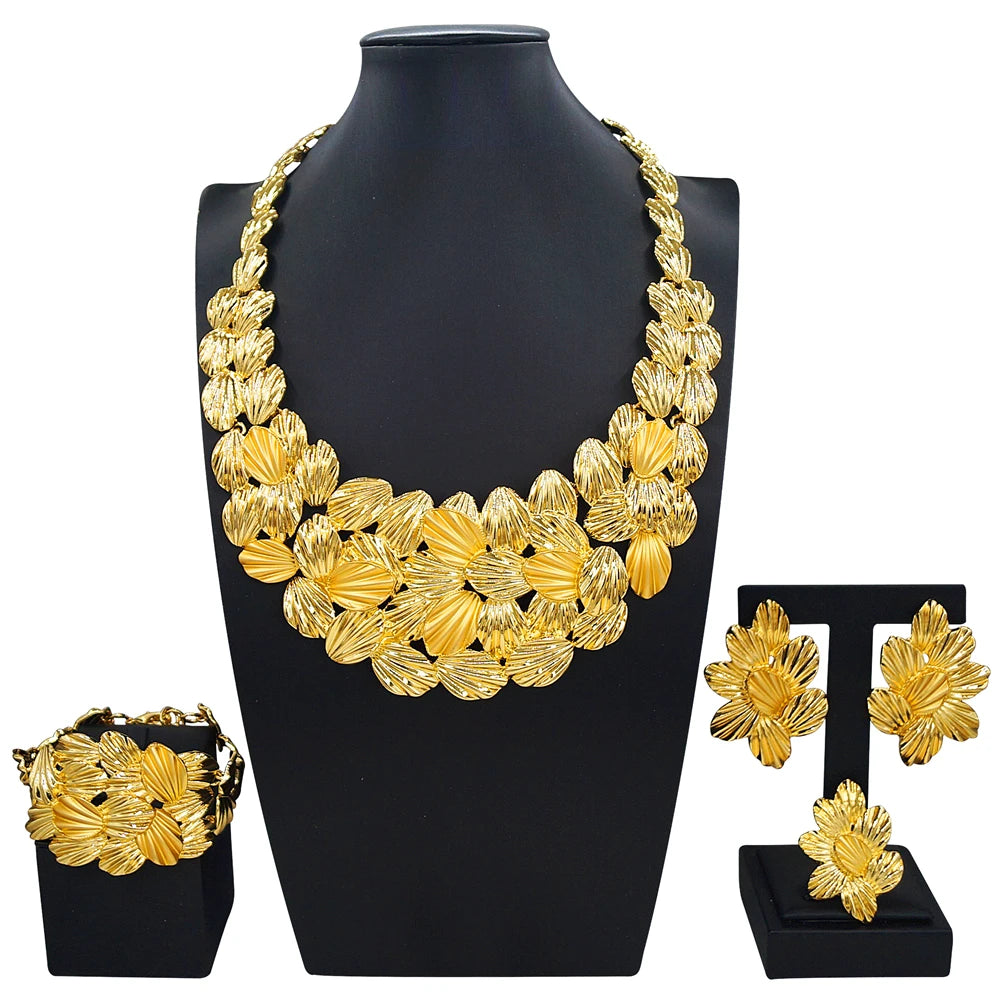 Zhuerrui Luxury Gold Plated Jewelry Set Matte Finish Necklace Bracelet Earring Set High-end Italian Design for Party I007520-2