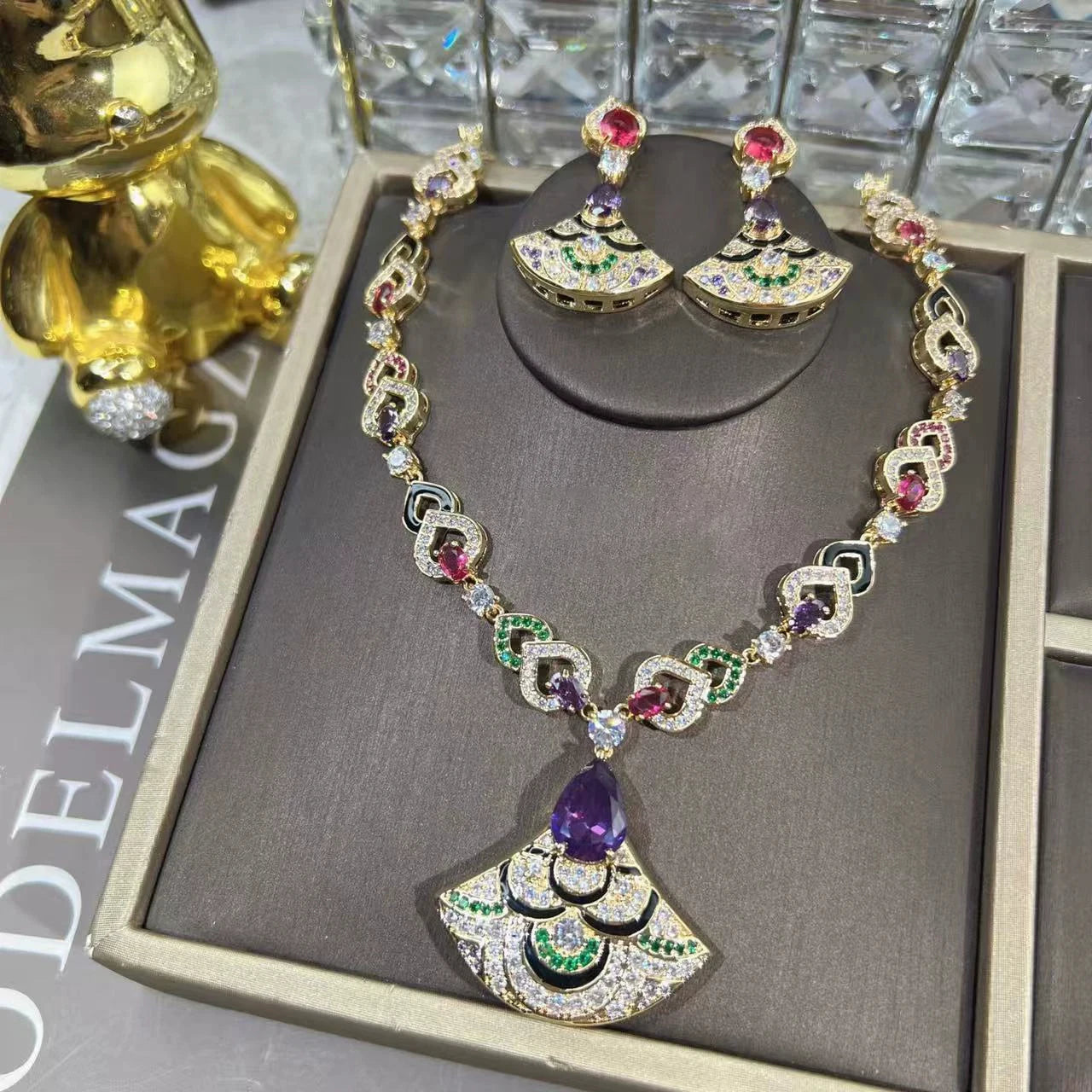 XM S417 Gold Plated Multicolour Crystal Enamel Fan & Teardrop Stone Pendant Necklace & Drop Earrings Set