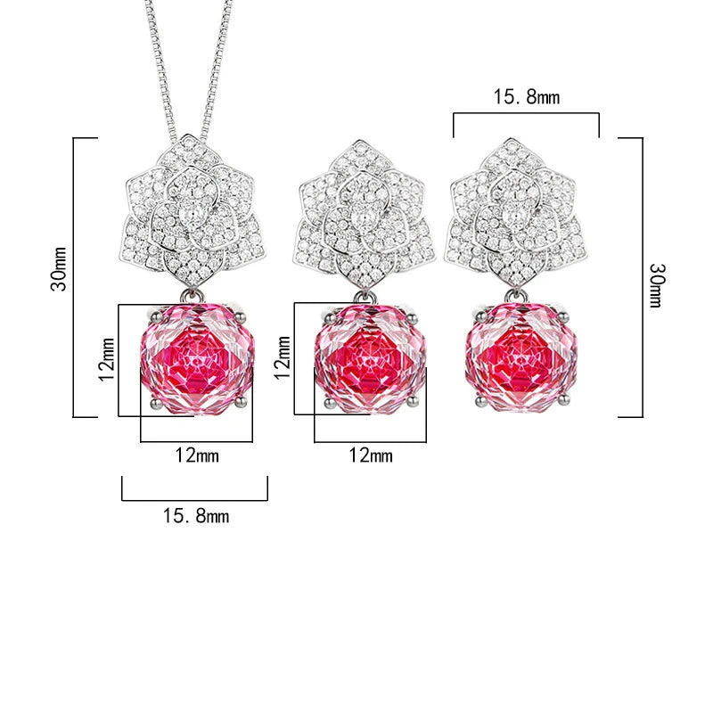 Gemfiori High Quality Luxury Rose Pendant Necklace Earring Set for Women Sparkling pink Zircon Earrings Engagement Party Accessories