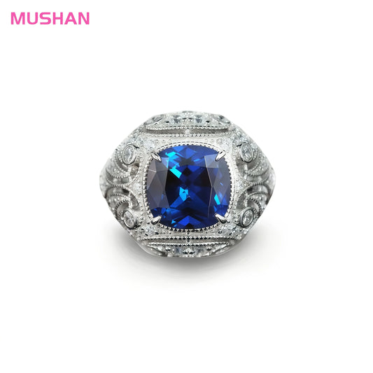 MUSHAN Women's Luxury Sterling Silver Wedding Bands Ring High Carbon Diamond Lab Grown Gemstones Blue Corundum Spinel for Party