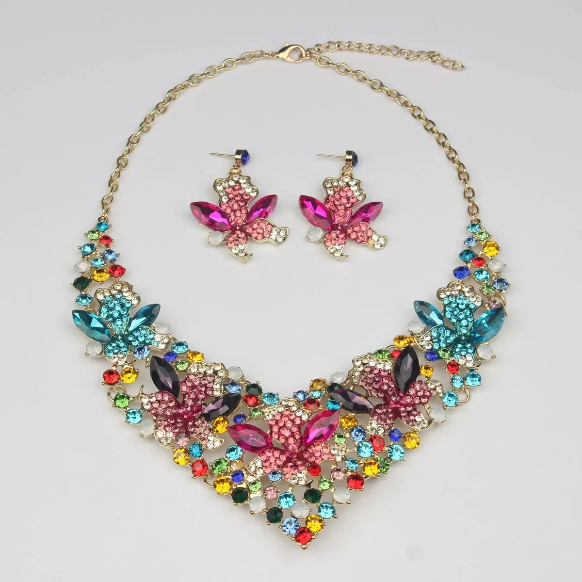 XM S293 Gold Plated Princess Cut Multicolour Zircon Floral Statement Necklace & Earrings Bridal Set