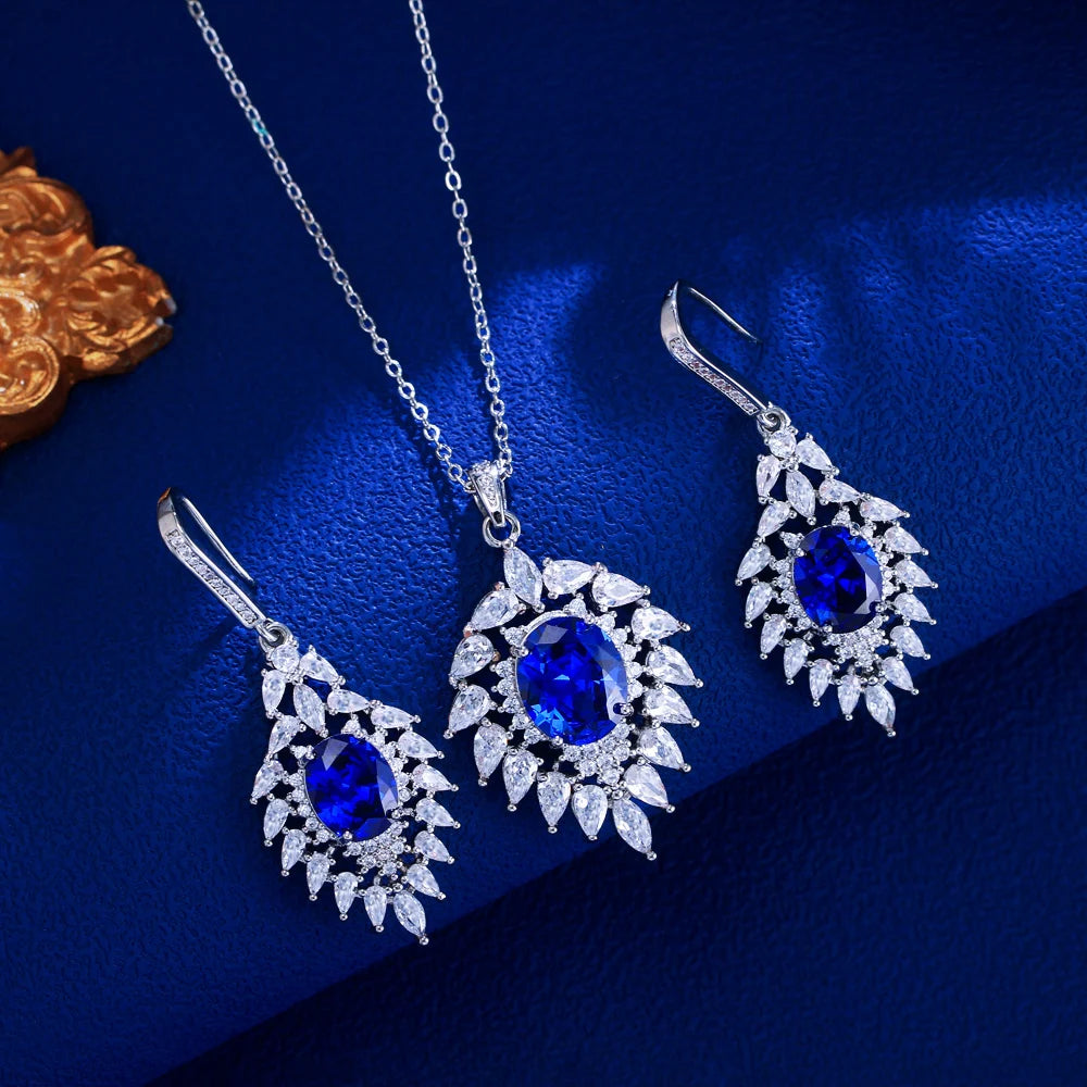 Fashion Royal Blue Cubic Zircon Elegant Necklace and Earrings Bridal Wedding Party Pendant Jewelry Set for Women Jewellery