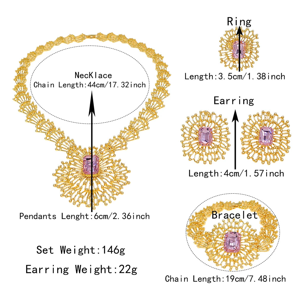 Zhuerrui Vintage Sunflower Gold Plated Jewelry Set Emerald Pink Stone Women Necklace Earrings Bracelet Ring for Banquet I0088